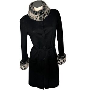 I.N.C. Faux Fur Animal Print Trim Black Button Sweater Coat Women's Size M